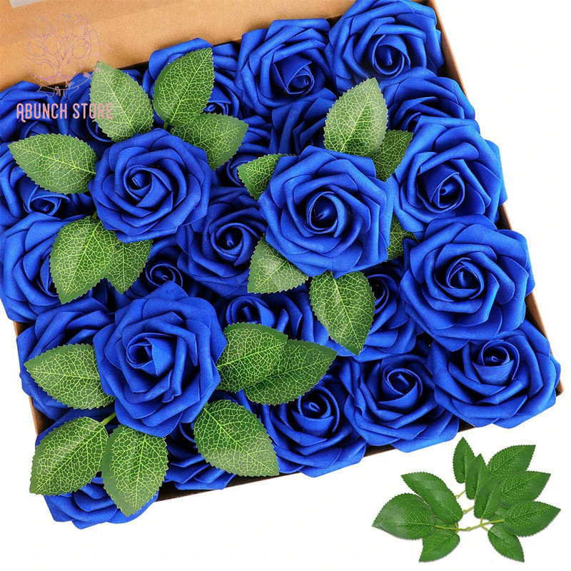 25/30Pcs Artificial Sapphire Blue Roses Flowers For Party Garden Decor Foam Fake Roses with Stem Wed