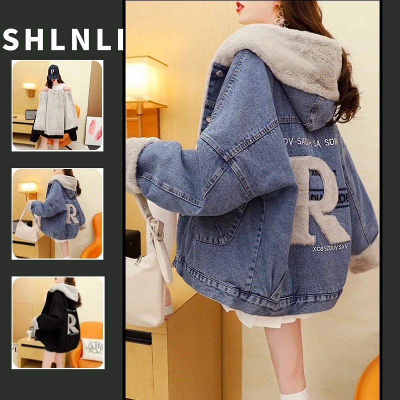 เสื้อแจ็คเก็ตยีนส์หนาสําหรับผู้หญิงฤดูใบไม้ร่วงและฤดูหนาว