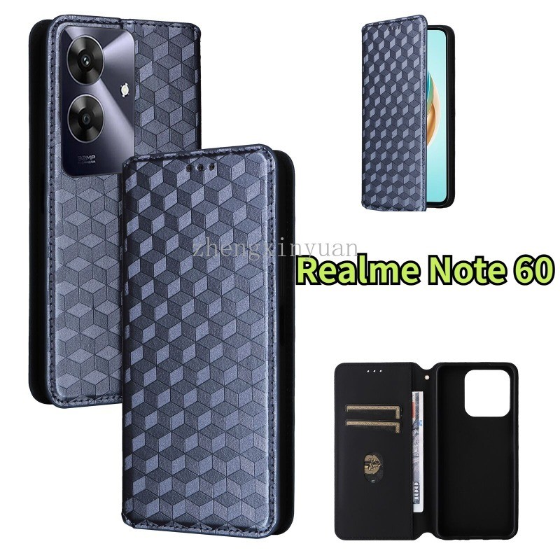 ปลอกพลิกสําหรับrealmeหมายเหตุ60 2024 5G 4Gหนังหรูหราฝาครอบโทรศัพท์สําหรับNote60 RealmeNote60ผู้ถือนุ่มTPUขอบกันกระแทกกันชนตารางรูปแบบกรณี