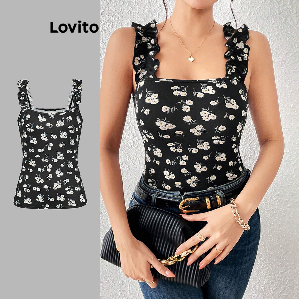 Lovito เสื้อกล้ามลายดอกไม้ ลายดอกเดซี่ลายผักกาดหอมสำหรับผู้หญิง L99ED850