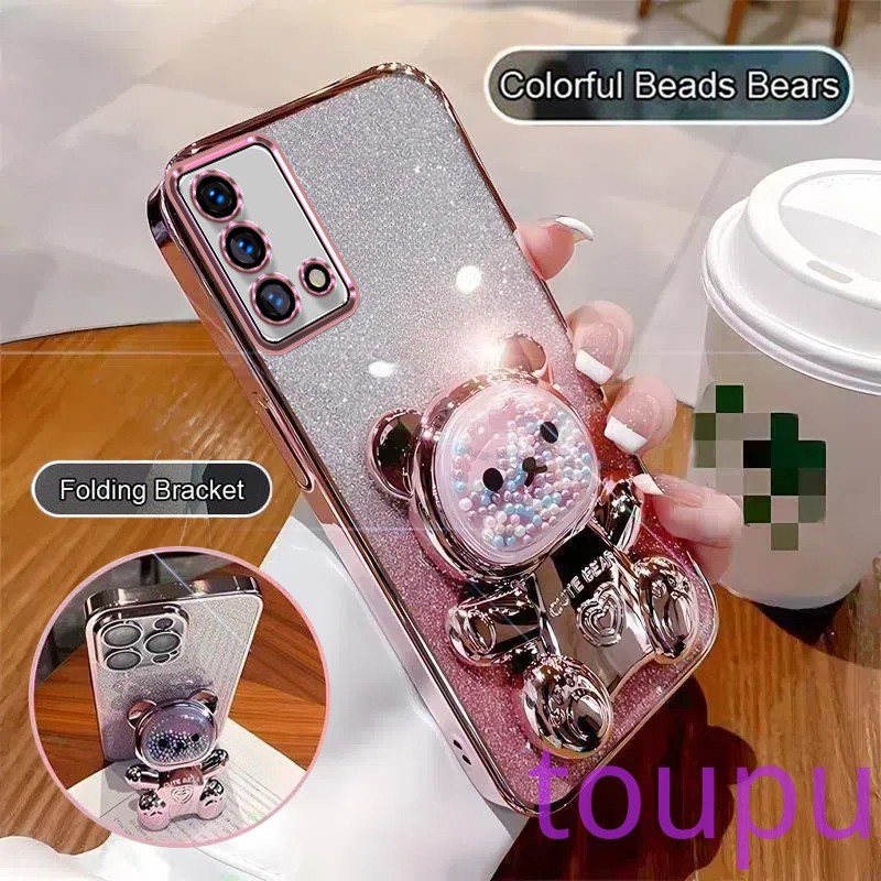 เคสโทรศัพท์สําหรับoppo A74 4G A95 4G A74 5Gแฟชั่นGlitter Electroplatingโปร่งใสกรณีเชลล์บรรเทาความเครียดที่มีสีสันลูกปัดหมีวงเล็บพับ