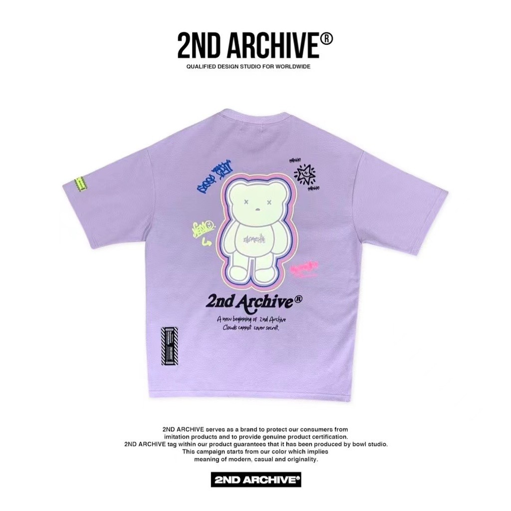 2ND Archive Street Wear พิมพ์หลวมแขนสั้นผ้าฝ้ายผู้ชายผู้หญิงเสื้อยืด