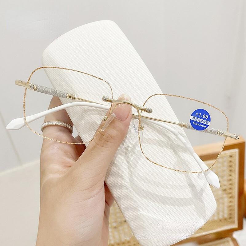 +1.00 ถึง +4.00 กรอบแว่นตาอ่านหนังสือไร้กรอบเงาสําหรับผู้หญิงแฟชั่นแว่นตาป้องกันสีฟ้าสายตายาวตามอายุ