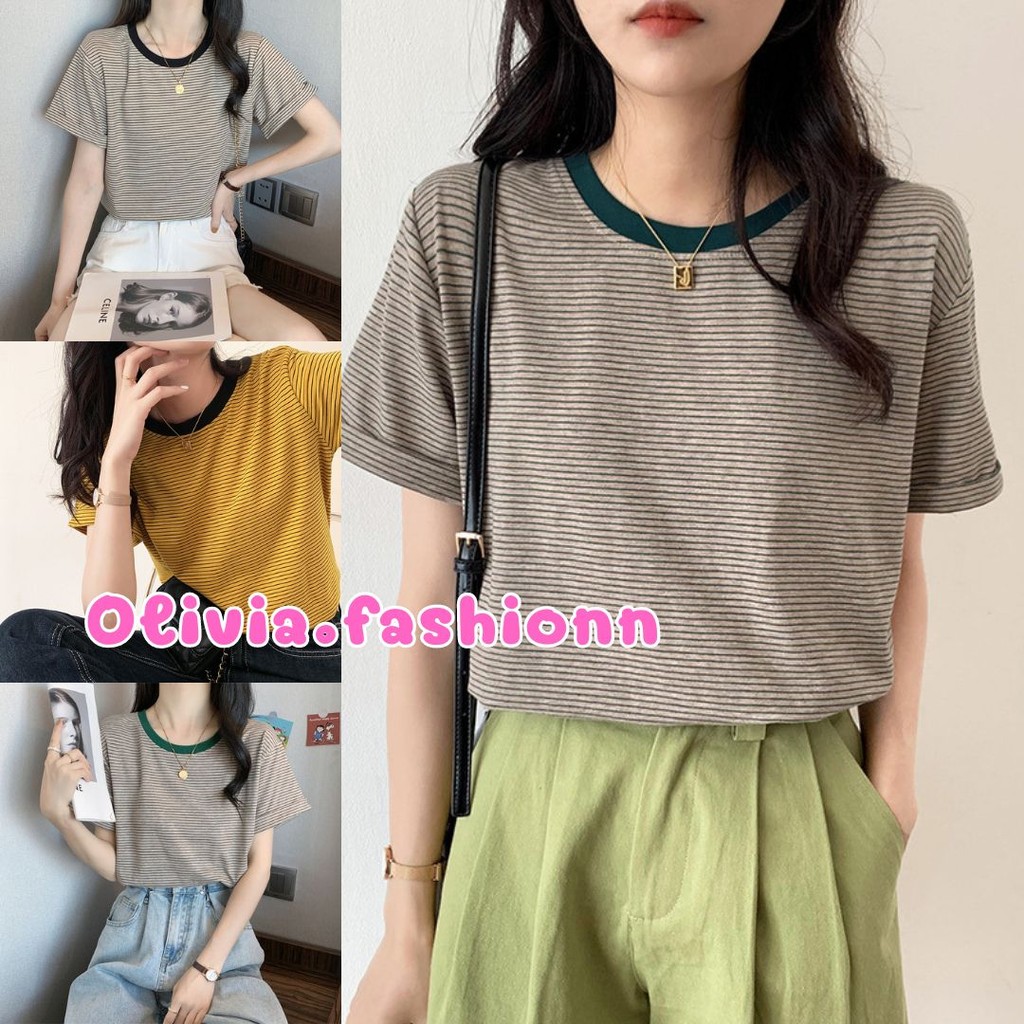 🦄Olivia🦄เสื้อยืดลายทาง คอกลม ใส่สบาย แฟชั่นฤดูร้อน #9305