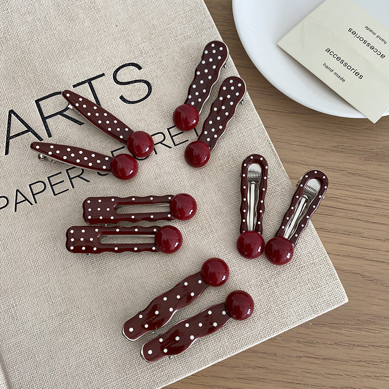 1 ชิ้น Retro สีขาว Burgundy น้ํามันหยดโลหะ Polka Dot ลูกปัด Bangs Influencer ผมหักคลิปด้านข้าง