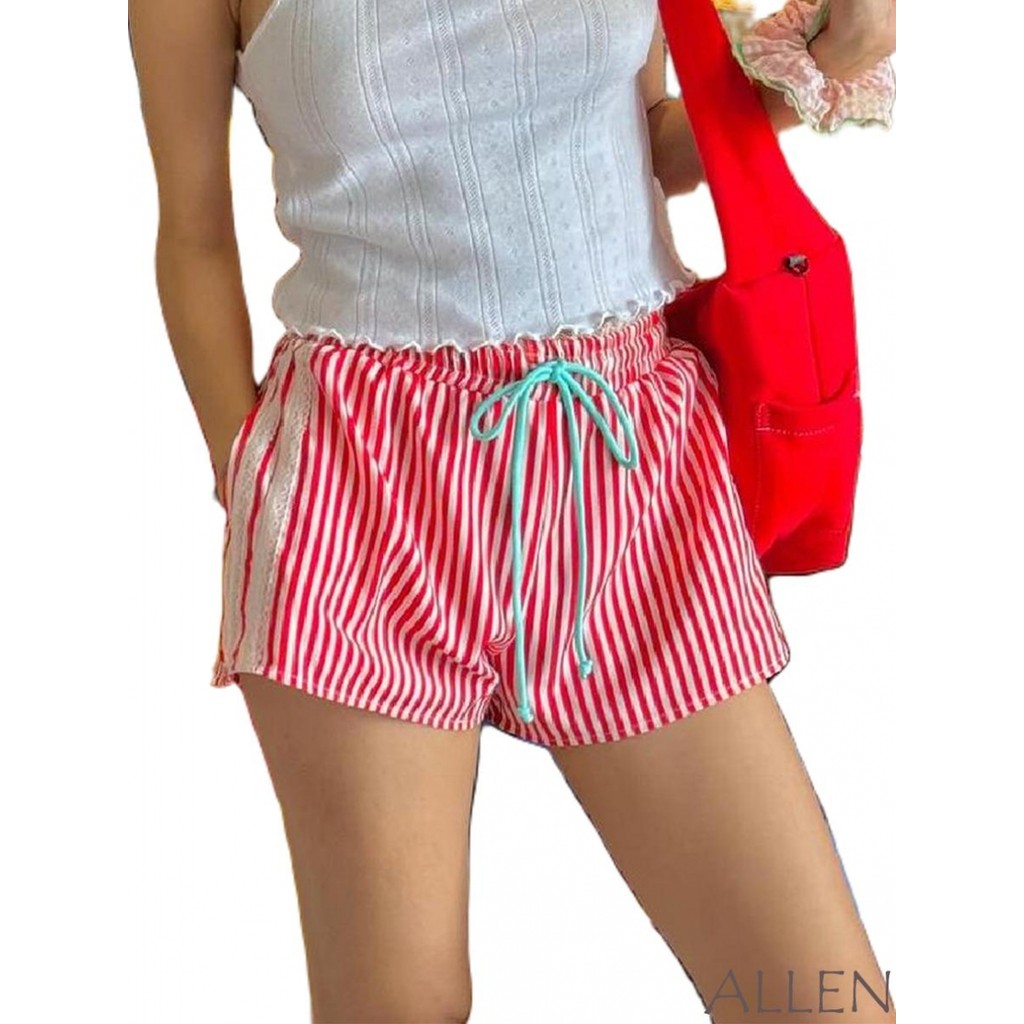 Allen-กางเกงขาสั้นลายทางของผู้หญิงลูกไม้ตัดเอวยางยืด เชือกรูด กางเกงขาสั้นลําลองสําหรับฤดูร้อนสตรีทแวร์ - รูปที่ 7