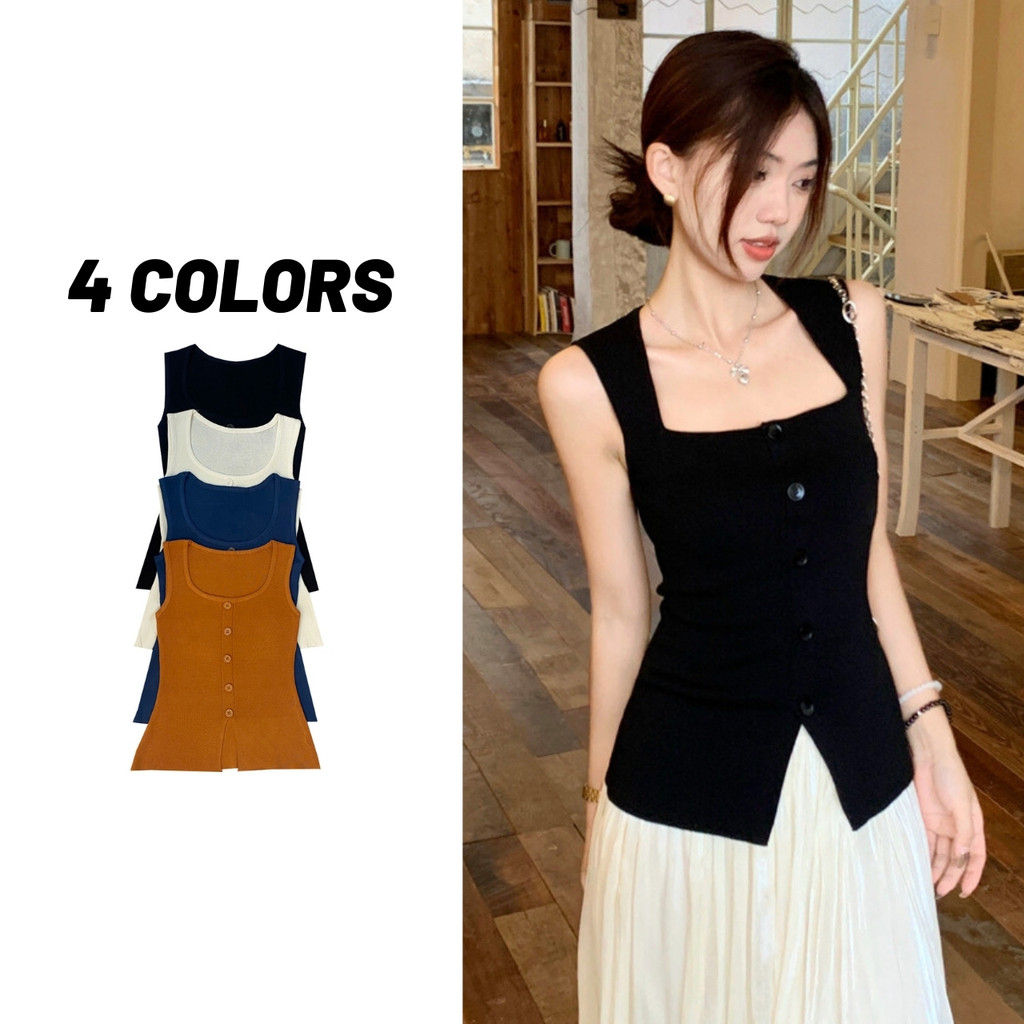 Sale80% เสื้อกล้ามไหมพรม แต่งกระดุมหน้า แต่งชายผ่า คอกว้างสวยๆ 4 สี