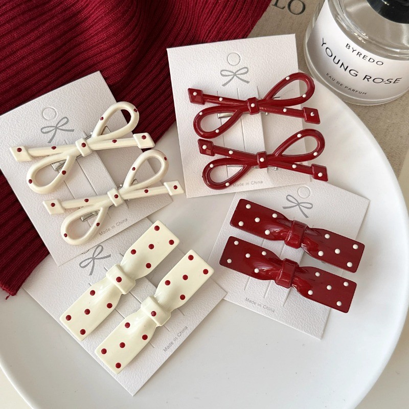 แฟชั่นสีแดงหวานจุดสีขาวกุทัณฑ์กิ๊บกิ๊บด้านข้างคลิปเรียบกิ๊บติดผม