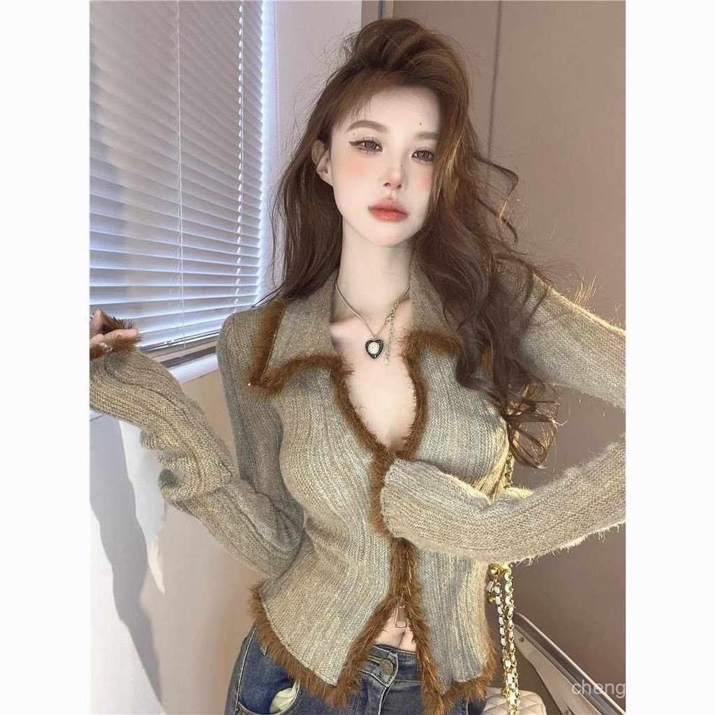 เสื้อไหมพรมผู้หญิงสีไล่ระดับสีสำหรับฤดูใบไม้ร่วงและฤดูหนาวเสื้อขนสัตว์ Y2K เสื้อคาร์ดิแกนถักซิปคู่
