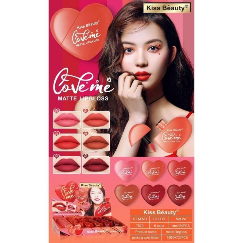 Kiss Beauty LoveMe Matte Lip Gloss ลิปหัวใจสุดฮิต แพคเกจสุดคิ้วท์ เนื้อแมท เม็ดสีแน่น สวยทุกสี มีให้เลือกถึง 6 สี