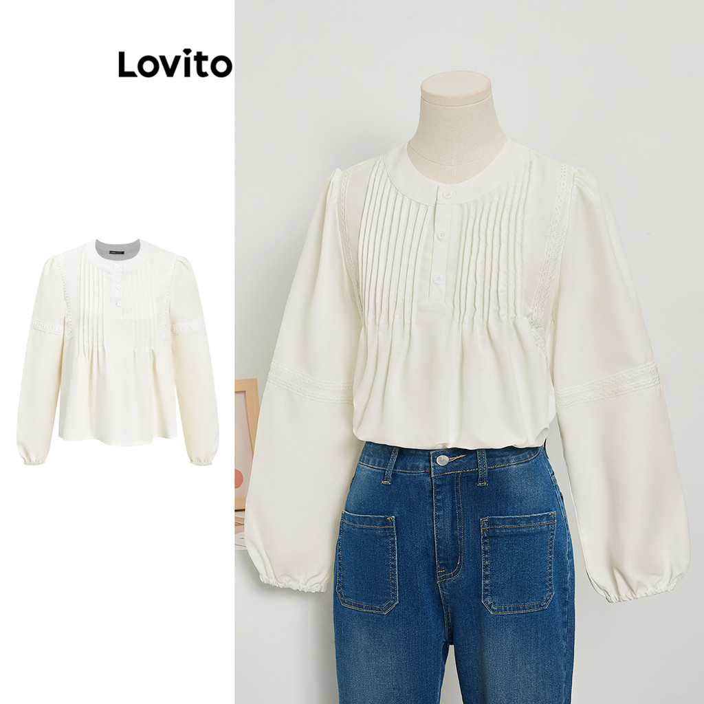 Lovito เสื้อเบลาส์ผู้หญิง เย็บตีเกล็ด สีพื้น สไตล์ลำลอง LNE37147 (หลากสี)