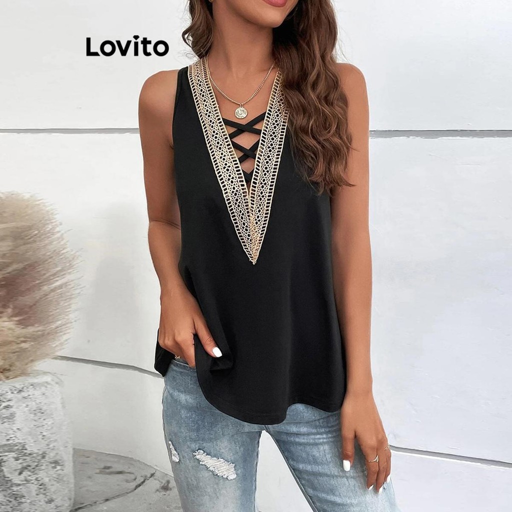 Lovito เสื้อแขนกุดผู้หญิง คัทเอ้าท์ ผ้าเย็บต่อ สีพื้น สไตล์หรูหรา LNL69402