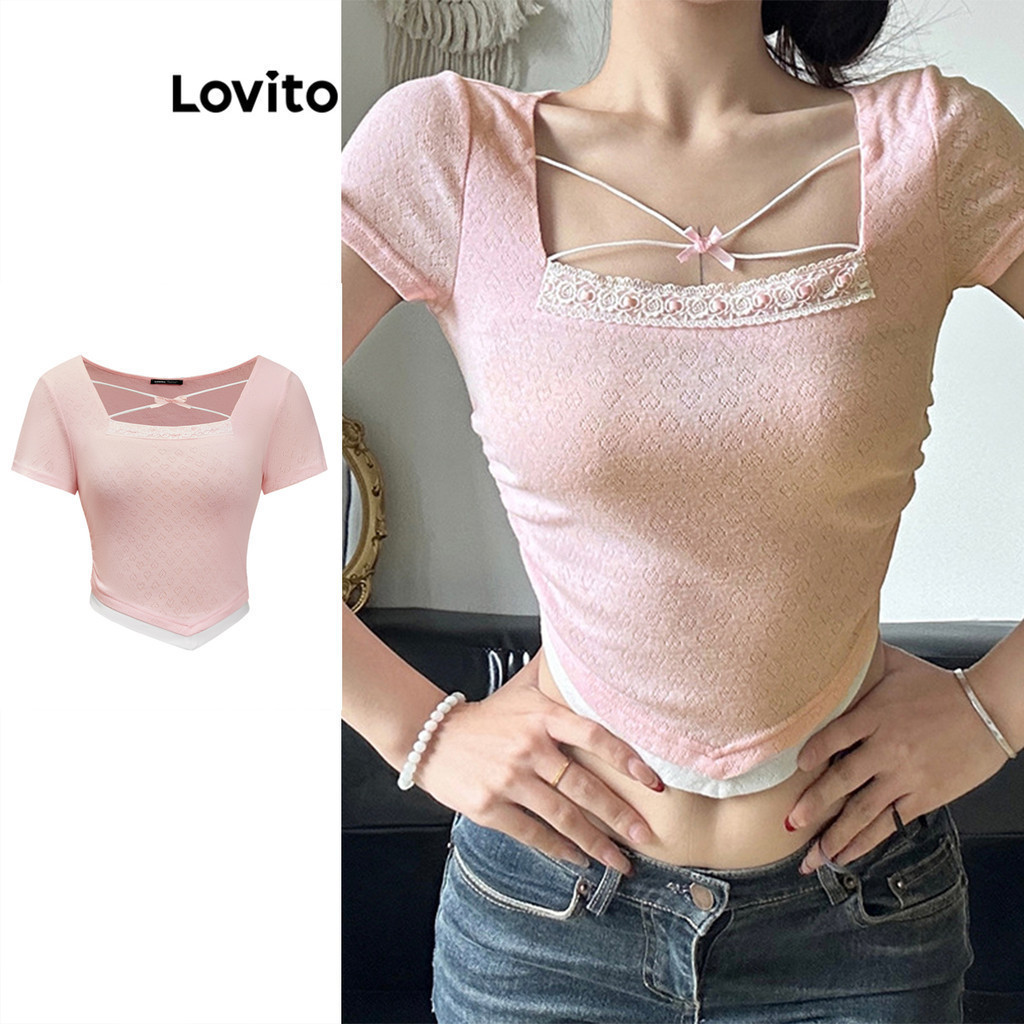 Lovito เสื้อยืดผู้หญิง ลูกไม้ สีพื้น สไตล์น่ารัก L88AD091
