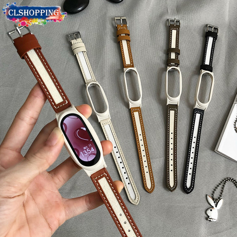 สายหนังทูโทน + PC สําหรับ Xiaomi Mi Band 9 7/8 NFC 5/6 สายรัดข้อมือหนัง miband 4 3 รุ่นหนังเปลี่ยนสาย