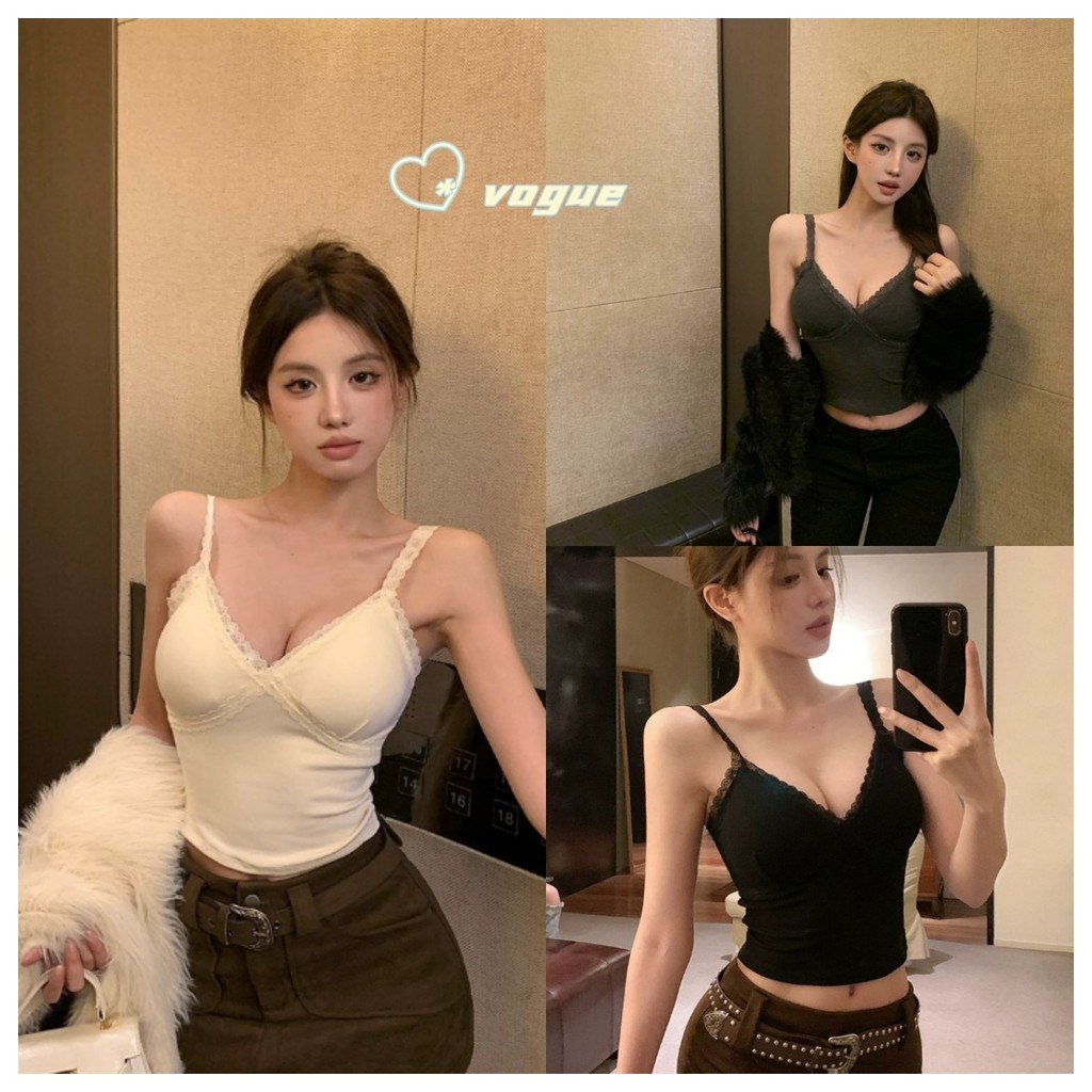 Vogue พร้อมส่ง เสื้อสายเดี่ยว มีฟองน้ำ ดีเทลสีพื้น ขาบลูกไม้ผาร่อง (FY709-P)