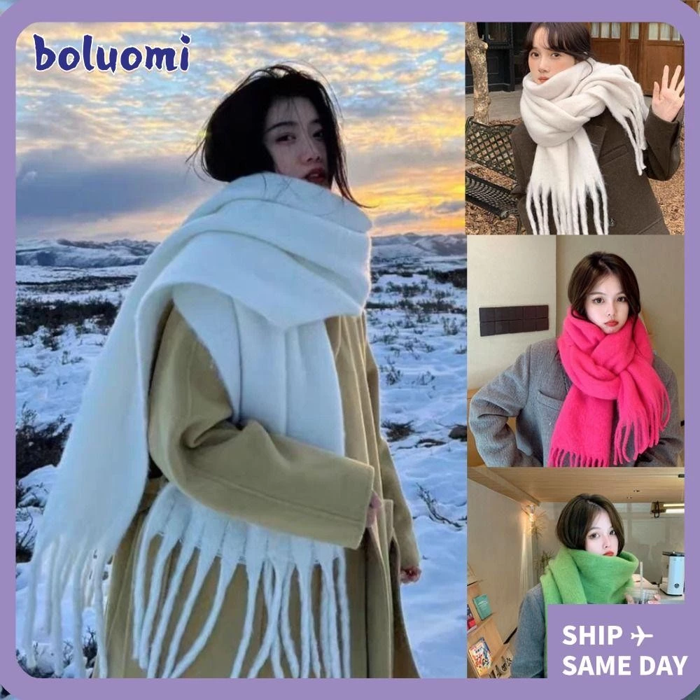【⚡เวลาจำกัดราคาต่ำ】โบลูโอมิ ผ้าพันคอพู่ยาว,สีทึบ โมแฮร์ ผ้าพันคอแคชเมียร์ฤดูหนาว,อบอุ่นนุ่มหนาผ้าคลุมไหล่ห่อผู้หญิง