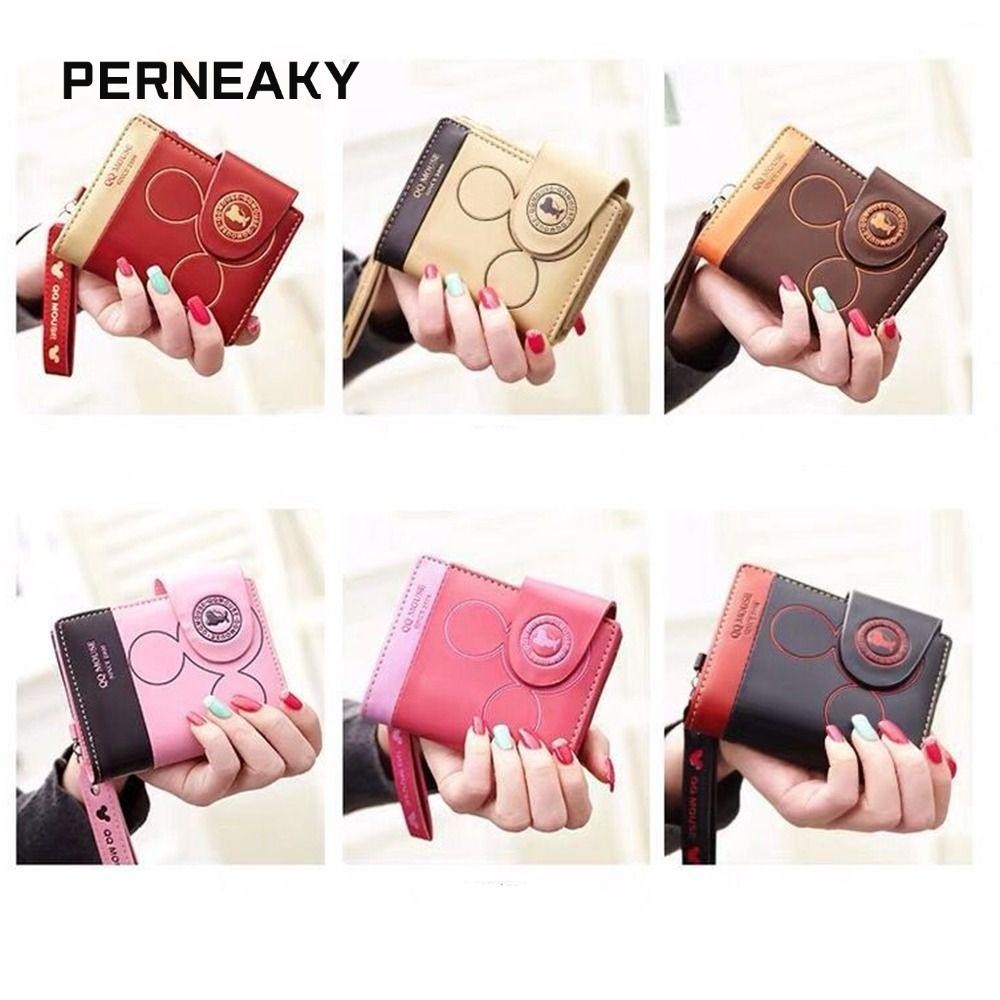 Perneaky กระเป๋าใส่เงิน, กระเป๋าใส่เหรียญ PU สองพับ, กระเป๋าใส่การ์ดลายเมาส์ขนาดเล็กแฟชั่นสําหรับบัตรเครดิต