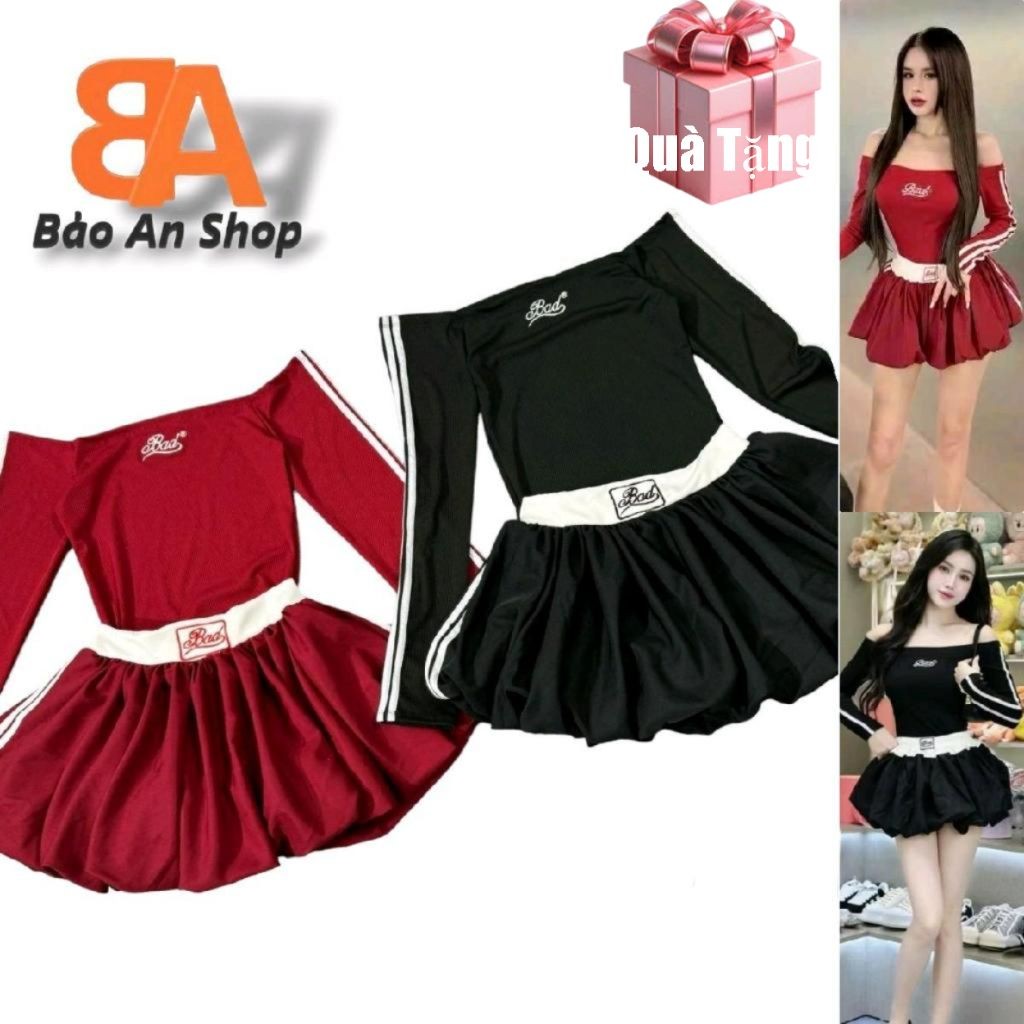 ชุดเซ็ต 2 ชิ้นผู้หญิงแขนลายทางและกระโปรงฟักทองปักเอวยางยืด 58-72cm Free Size ต่ํากว่า 54kg Bao An Shop hot