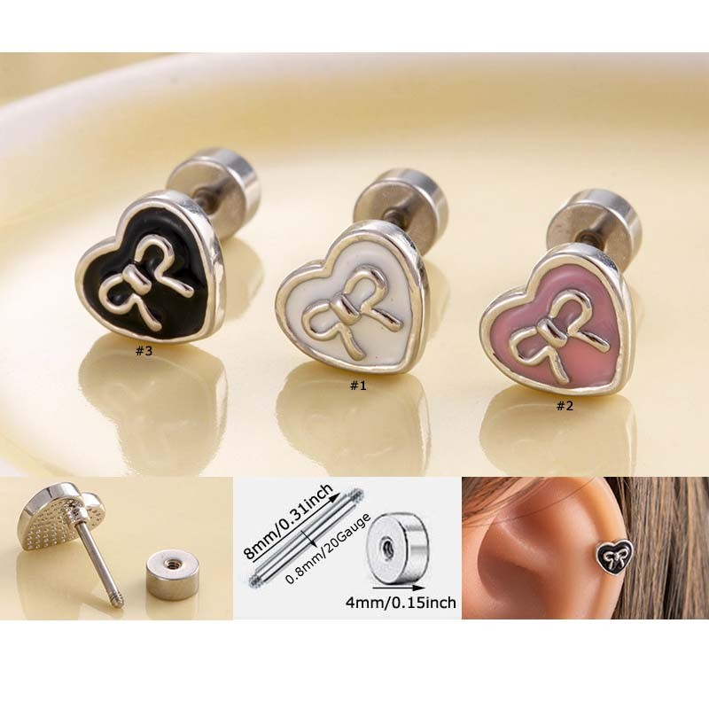 1 ชิ้นหัวใจ Bowknot Shape สแตนเลสเคลือบกระดูกอ่อนต่างหู Stud Helix Lobe เจาะ 20Gauge