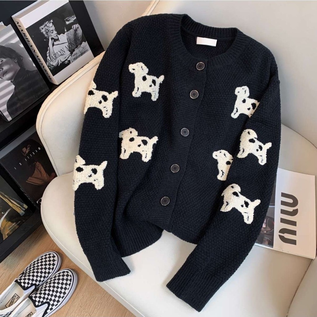Soft Waxy Puppy Jacquard เสื้อคาร์ดิแกนถักฤดูใบไม้ร่วงฤดูหนาวขี้เกียจหวานทุกการแข่งขัน Casual Long-