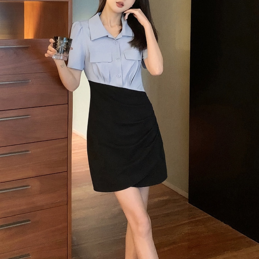 ชุดเดรส สไตล์เกาหลีดีไซน์ทันสมัย เก๋ไก๋น่ารักๆ คอปกเสื้อเเต่งเชิ้ต สีพื้นแต่งฟ้าลับดำ สาวอวบใส่ได้ L