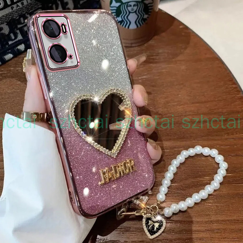 เคส OPPO A36 4G A96 4G A76 4G หรูหราเครื่องสําอางแต่งหน้ารักกระจกเคสนิ่มพร้อมสร้อยข้อมือเชือกเส้นเล็