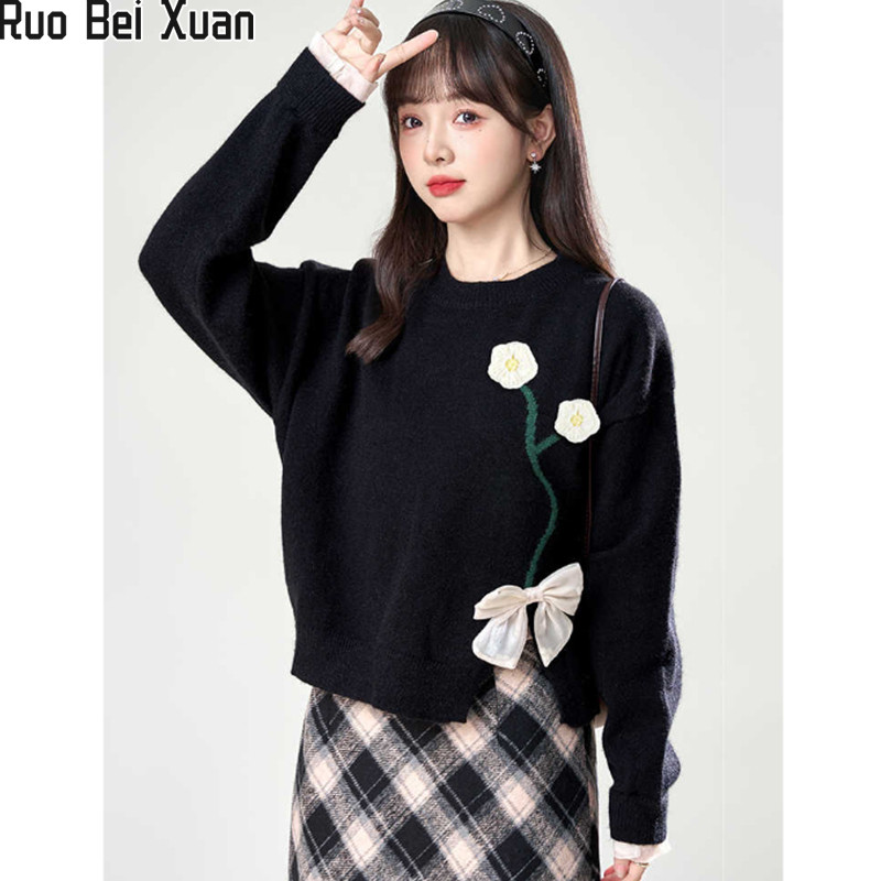 Ruo Bei Xuan เสื้อสเวตเตอร์สั้นโบว์ดอกไม้คอกลมเฉพาะใหม่ของผู้หญิง