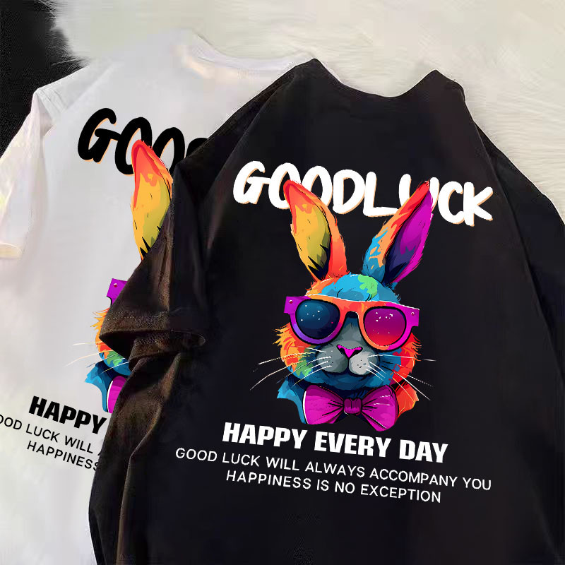 Basi💥 เสื้อยืด oversize unisex สกรีนหน้าหลัง ลาย "GOODLUCK" กระต่ายสุดเท่ห์ ผ้าคอตตอน100% ใส่สบาย แนวสตรีท ฮิปฮอป