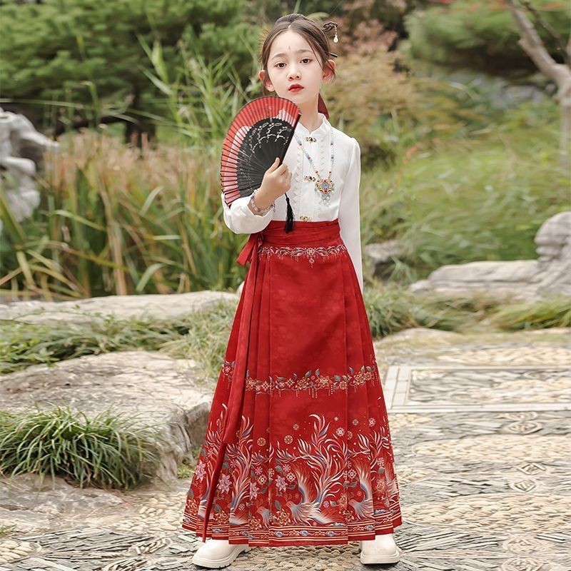 จีนม้าใบหน้ากระโปรงสาวฤดูใบไม้ผลิฤดูใบไม้ร่วง2024 ฮันฟู กลิ่นฉุนเด็กม้าใบหน้ากระโปรงหญิงชุดฤดูหนาว