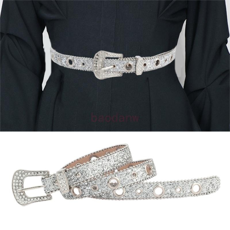 Bdw Mardi Gras Rhinestone Buckle Belt Sequins เข็มขัดหัวเข็มขัดแบบปรับได้สําหรับกางเกงยีนส์กระโปรง