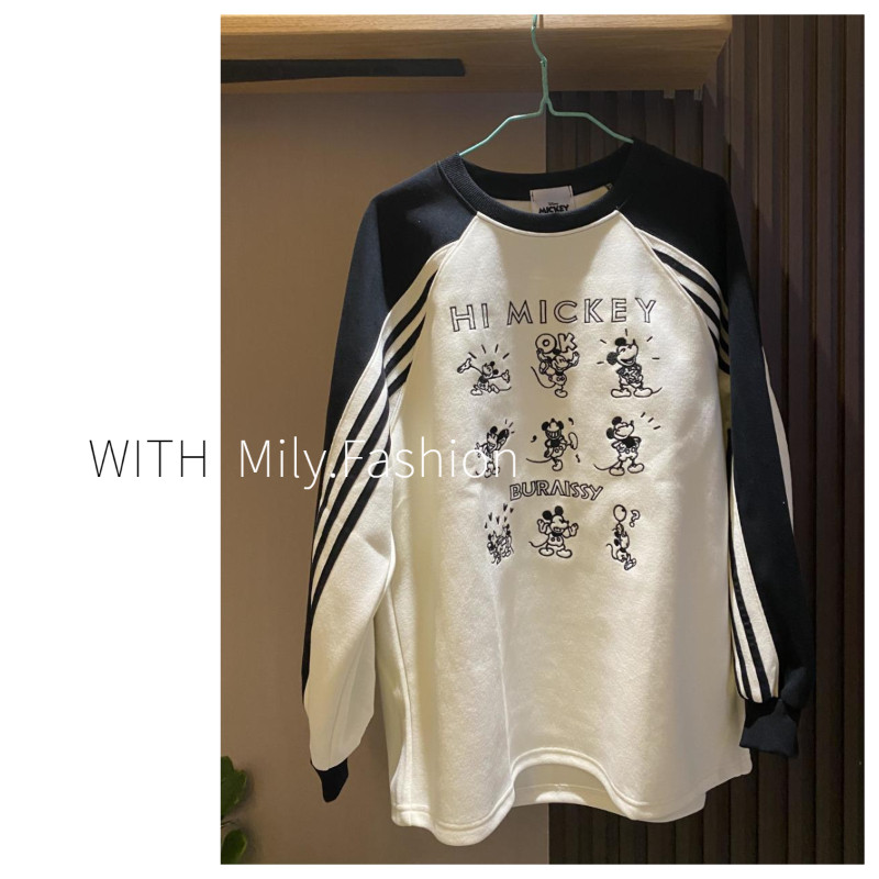 Milyfashion เสื้อสเวตเตอร์คอกลมพิมพ์ลายมิกกี้เมาส์น่ารักสไตล์อเมริกันแบบใหม่ฤดูใบไม้ร่วงและฤดูหนาวเสื้อลำลองทรงหลวมแมทช์ลุคง่ายดีไซน์ทันสมัย