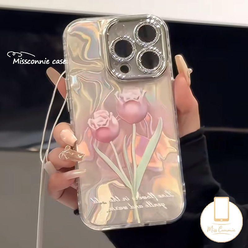 ภาพวาดสีน้ํามันสีทิวลิปดอกไม้โบว์สร้อยข้อมือสําหรับiphone 16 11 15 13 14 12 Pro MAX XS MAX XR X 16 15 7 8 14 Plus SE 2020 Luxury Wavesน้ําคู่ปก