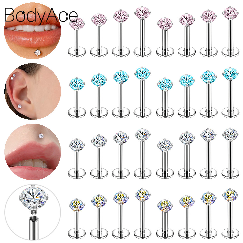 Bodyace 1 PC สีสัน Cubic Zircon Lip เจาะสแตนเลสสตีลหู 16G/18G Labret แหวนภายในเกลียวคริสตัล Helix Daith กระดูกอ่อนเจาะ