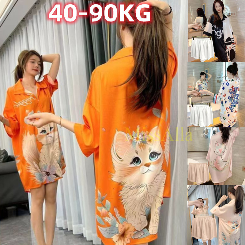 2024 แฟชั่นใหม่สาวอวบเฉพาะรูปแบบครึ่งแขนผ้าไหมน้ําแข็ง ชุดนอน เซ็กซี่บางเสื้อคอวีชุดชุดนอนแมวพิมพ์ขนาดบวกชุดนอน