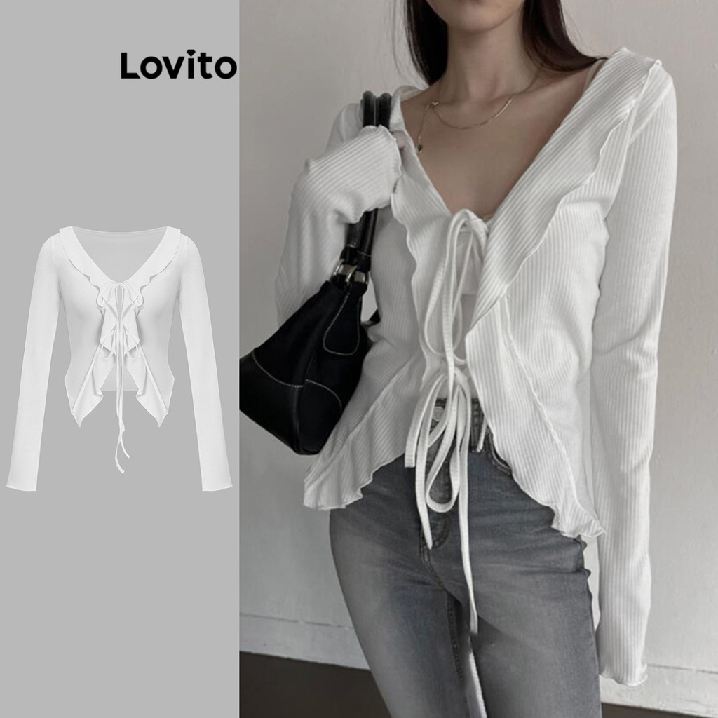 Lovito น่ารักธรรมดา ระบายเข็มขัดโครงสร้างเส้นเสื้อสำหรับผู้หญิง L106AD926