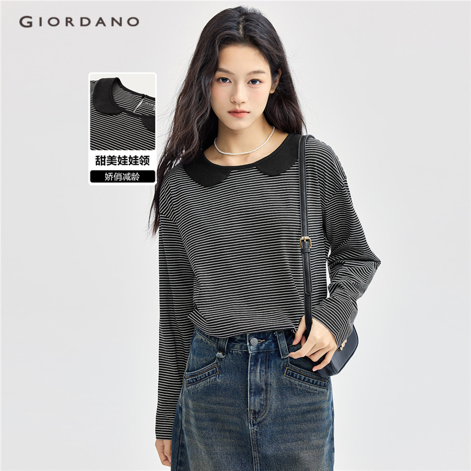 Giordano WOMEN เสื้อยืดคอปกแขนยาวผ้าฝ้าย 100% 13324717