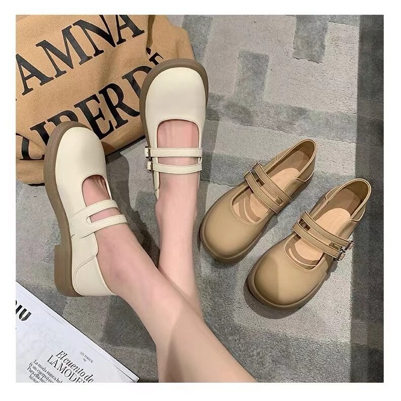พร้อมส่งจากไทย TX605 รองเท้าโลฟเฟอร์ สไตล์ Mary jane หนัง PU ส้นหนา สูง1นิ้ว หัวกลม แต่งหัวเข็มขัดโลหะ สไตล์ญี่ปุ่น