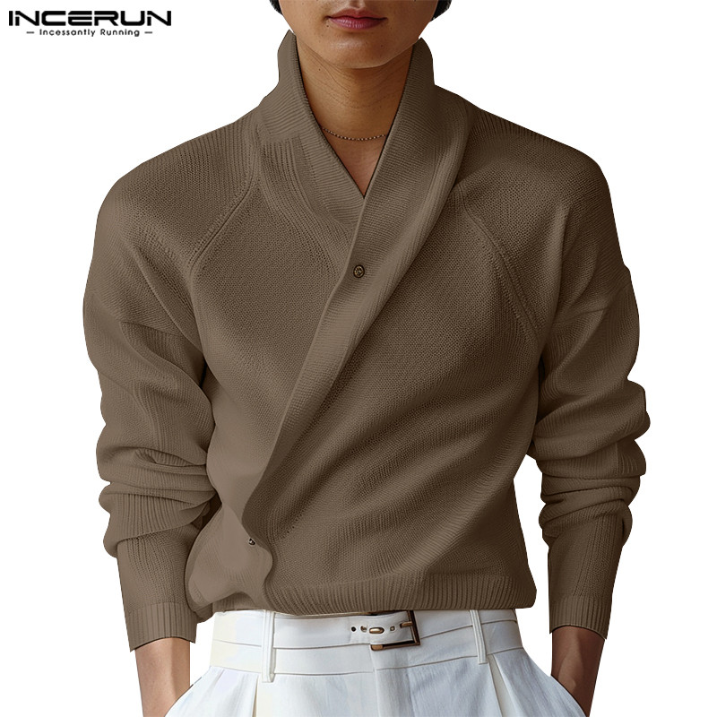 Incerun เสื้อเชิ้ตแขนยาวติดกระดุมแฟชั่นเอียงสําหรับผู้ชายสไตล์วินเทจ