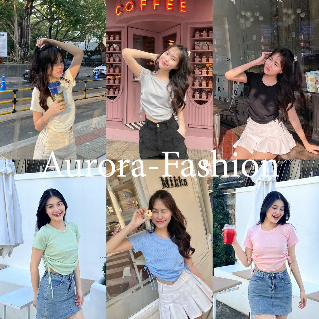 Aurora พร้อมส่ง เสื้อครอป ไหมพรม แขนสั้น คอกลม ดีเทล ลายรูดปรับสั้นยาวได้2ข้าง 6A302