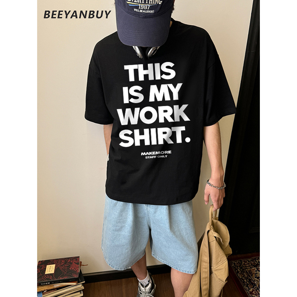 Beeyanbuy เสื้อยืด Unisex, แฟชั่นสไตล์ถนนตัวอักษรพิมพ์เสื้อยืดแขนสั้นหลวม #I908
