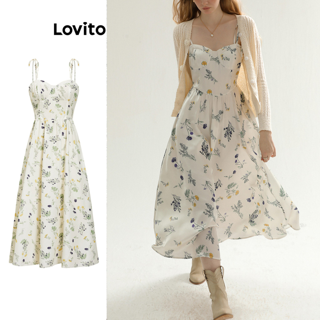 Lovito ชุดเดรสผู้หญิง มีโครง พิมพ์ลายดอกไม้ สไตล์ลำลอง L80ED271