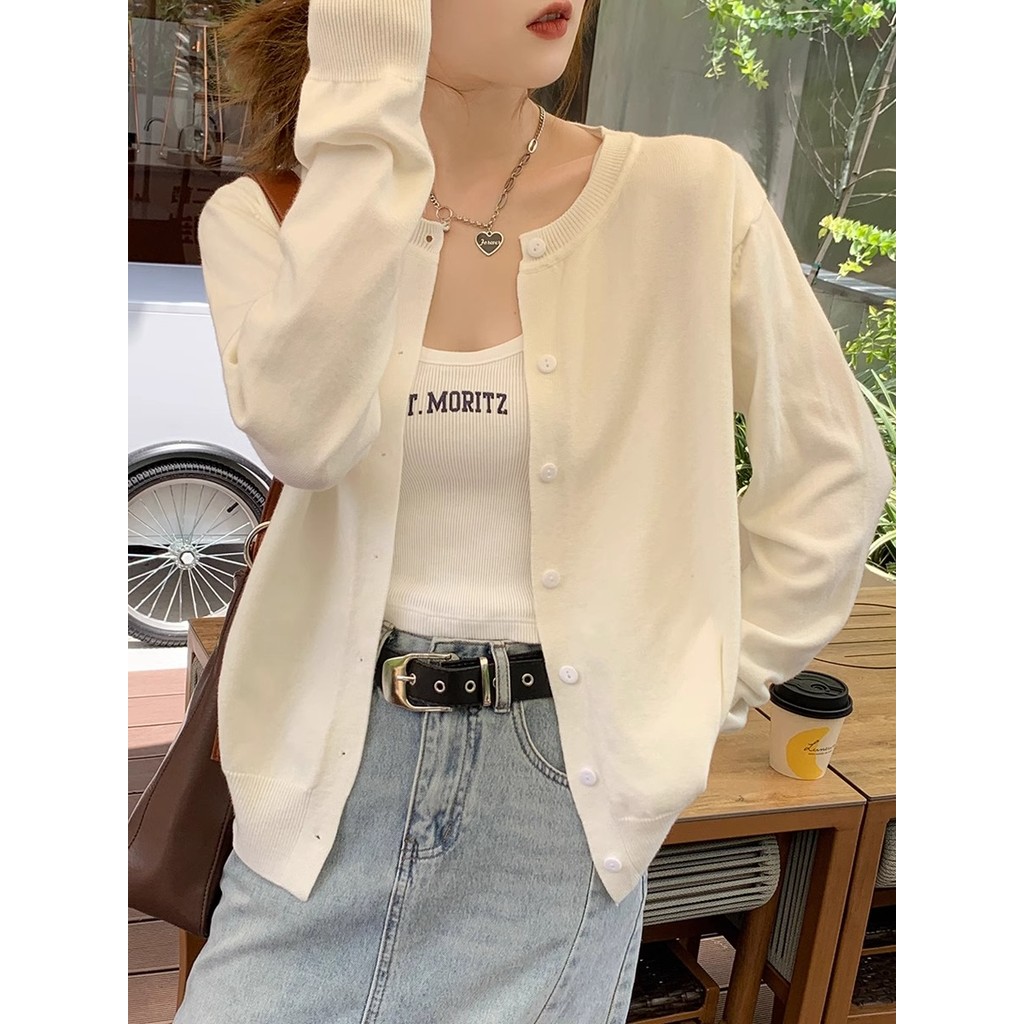ใส่พร้อมสต็อกเสื้อแขนยาวแจ็คเก็ตผู้หญิง2024ใหม่สไตล์เวอร์ชั่นเกาหลีแฟชั่นหลวม ผอมลง ดูด้านนอกเสื้อกันหนาวคาร์ดิแกนด้านบน