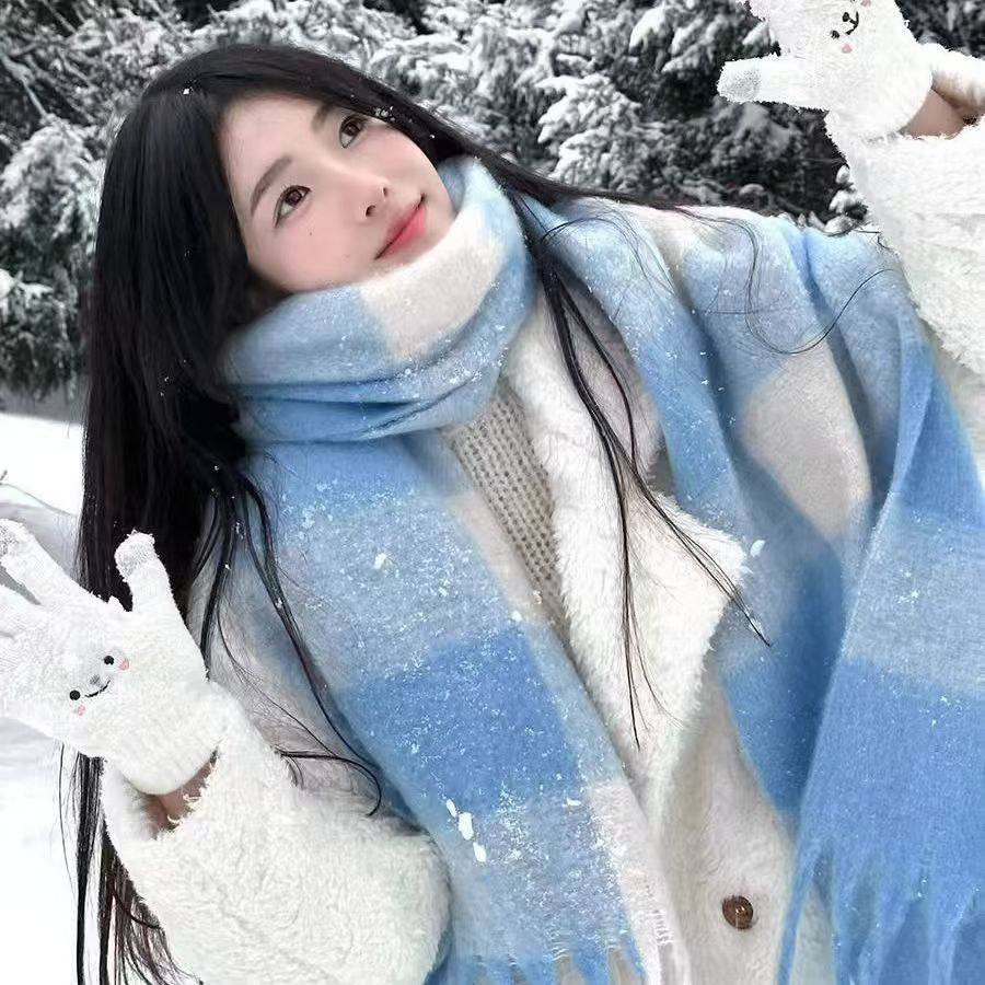 สุภาพสตรีฤดูใบไม้ร่วงและฤดูหนาวเวอร์ชั่นเกาหลีอบอุ่นย้อนยุคลายสก๊อตหนาอบอุ่นผ้าพันคอ