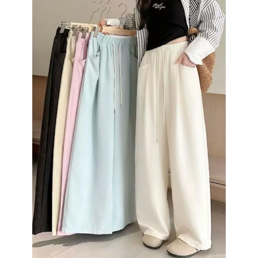 กางเกงผ้ามันเงา ผ้าซาติน มีกระเป๋าข้าง B72 สีพื้น ผ้าลื่น ใส่สบาย มีเชือกรูด กางเกงทรงกระบอก สไตล์เรียบง่าย