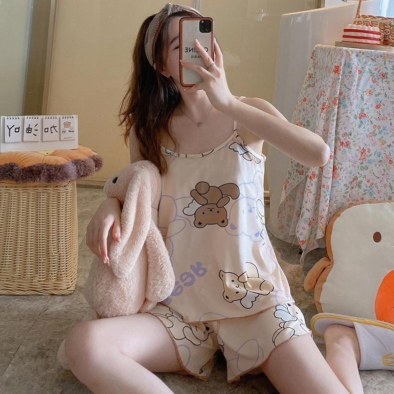 Hormones💞💞ชุดนอนผู้หญิง ชุดสองชิ้น ชุดนอนสายเดี่ยว ลายการ์ตูน ทรงหลวม ใส่สบาย ชุดอยู่บ้าน หลากหลายสไตล์ - รูปที่ 2