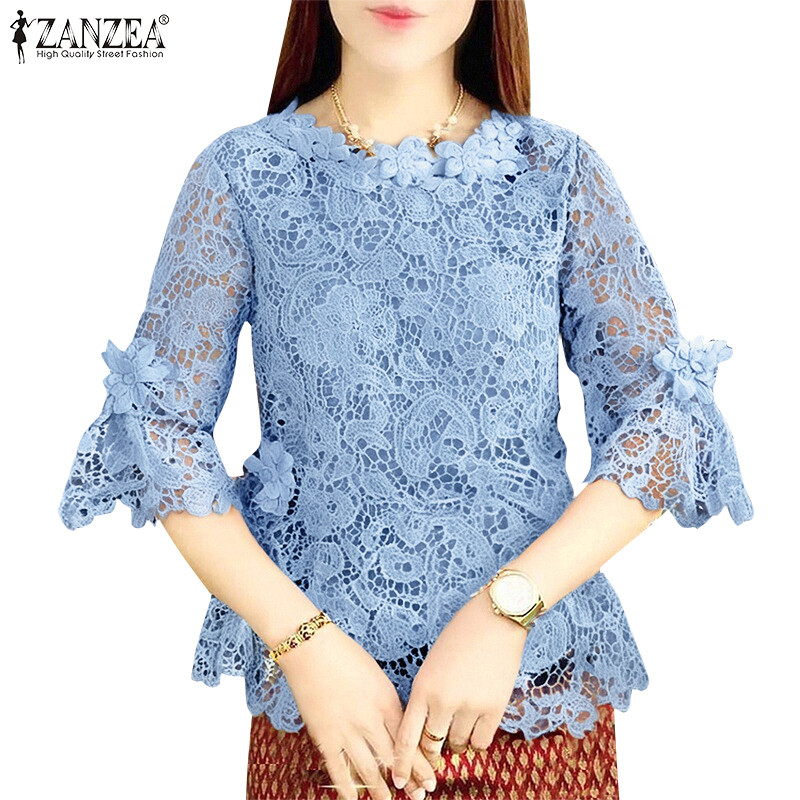 ZANZEA เสื้อลูกไม้คอกลม สไตล์เกาหลีสำหรับวันหยุด