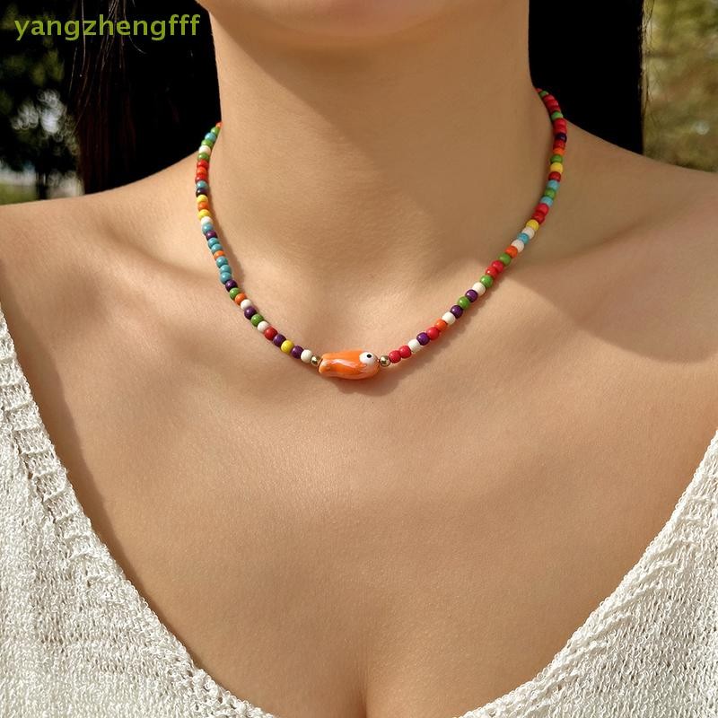 [หยางเจิ้งfff] เซรามิกที่เรียบง่ายทาสีปลาข้าวลูกปัดโซ่ลูกปัดสร้อยคอสําหรับผู้หญิงโบฮีเมียนริมทะเลวัน