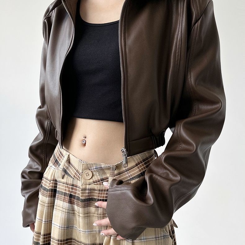แจ็คเก็ตหนังแขนยาวสไตล์อเมริกาย้อนยุคสำหรับผู้หญิง ฤดูใบไม้ผลิและใบไม้ร่วง ออกแบบมาให้สวมใส่ขณะขับมอเตอร์ไซค์ - รูปที่ 5