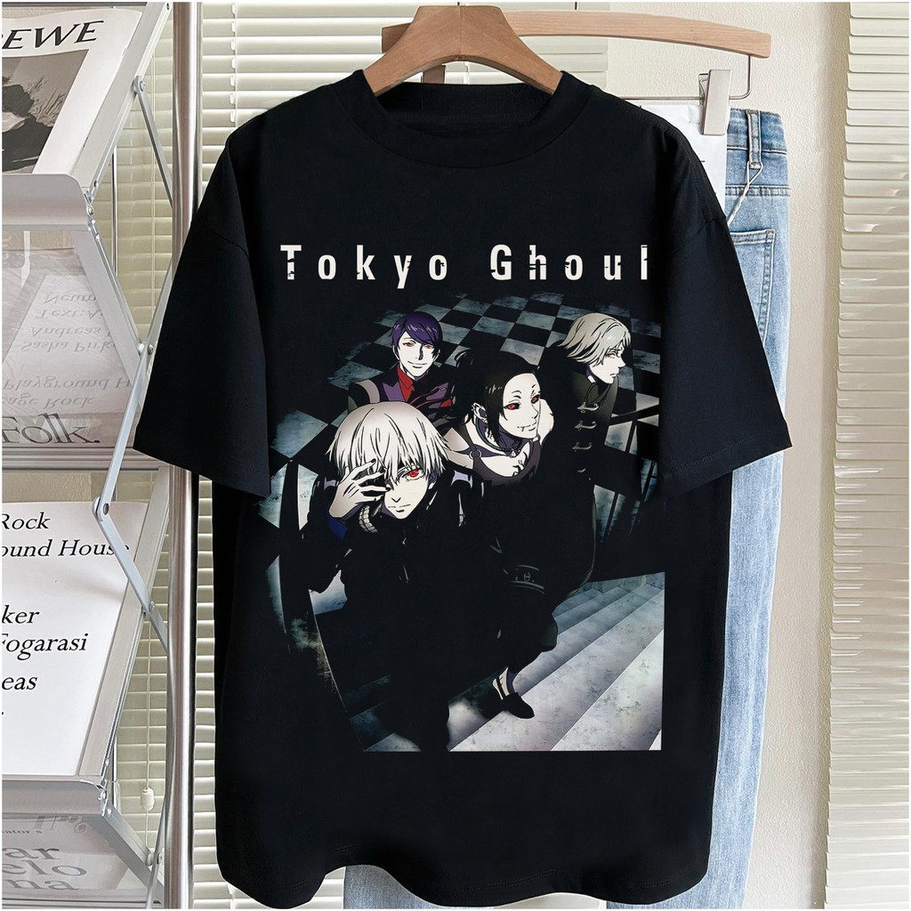 Tokyo Ghoul พิมพ์ผ้าฝ้ายเสื้อยืดฤดูร้อน American Street สไตล์ผู้ชายผู้หญิงแขนสั้นเสื้อยืดสีดํารอบคอ All-Match Top