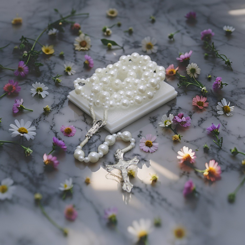 WHITE PAREL ROSARY / SYNTHETIC PEARL ROSARY NECKLACERY / ROSARY CROSS